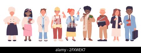 Kids of different professions, professional children vector illustration set. Cartoon funny boy girl child characters standing, chef teacher doctor worker artist singer businessman isolated on white Stock Vector