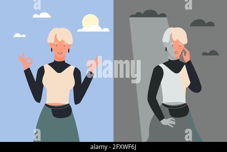 Business woman in good and bad mood vector illustration. Cartoon happy fashionable businesswoman standing and waving, sad female office worker crossed arms in stress negative emotion background Stock Vector