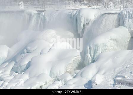 Niagara Falls almost completely frozen over and barely moving or visibly moving in February of 2015 Stock Photo