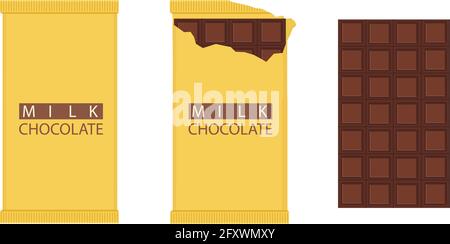 Set Of Chocolate Bar. Chocolate bar package packaging. Vector illustration isolated on white background. Stock Vector