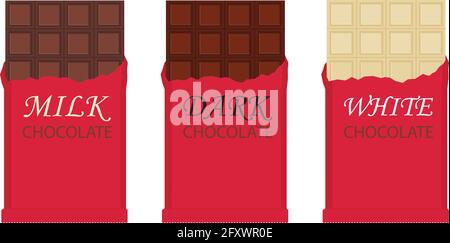 Set Of Chocolate Bar. Milk, dark and white chocolate bar. Vector illustration isolated on white background. Stock Vector