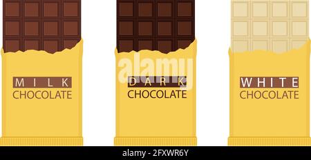 Set Of Chocolate Bar. Milk, dark and white chocolate bar. Vector illustration isolated on white background. Stock Vector