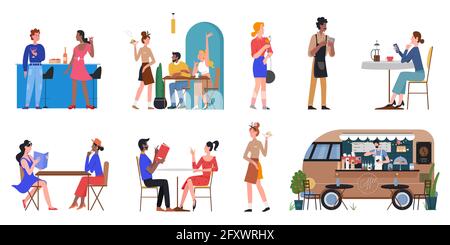 People eat food in cafe restaurant bar street market vector illustration set. Cartoon man woman characters waiting for waiter with food tray, holding wine glass, menu to order dish isolated on white Stock Vector