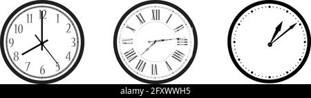 Black and white wall office clock icon set. Clock with arabic, roman numerals and dots Stock Vector
