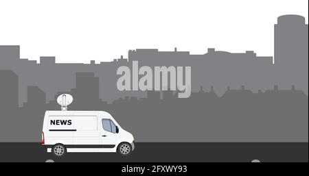 TV News car with equipment on the roof. News car, van city skyline background Stock Vector