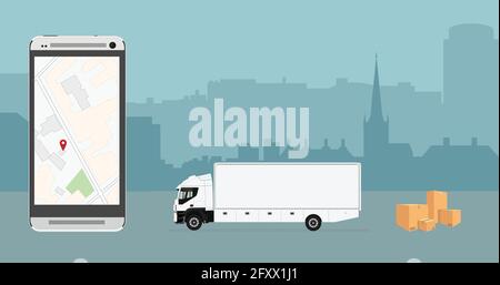 Delivery concept. Checking delivery service app on mobile phone. Delivery truck and cardboard box. City background. Vector illustration. Stock Vector