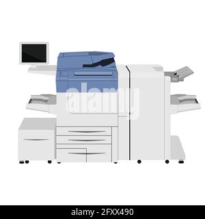 Office multifunction printer scanner. Copier paper isolated on background. Copy machine. Documents. Vector cartoon illustration. Flat design Stock Vector