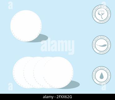Cosmetic cotton pads isolated on blue background. Top view. Natural cotton, softness and absorption Stock Vector