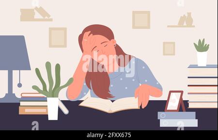 People study hard, tired young woman student vector illustration. Cartoon girl teenager character sleeping on table with book, studying working overload at home, exhausted teens overwork background Stock Vector