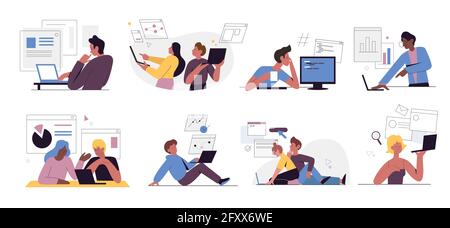 Web developers people work vector illustration set. Cartoon designer coder characters working with virtual graphical interface, developing website design, writing software code isolated on white Stock Vector