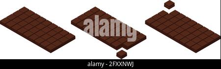 Isometric chocolate bars and pieces isolated on white bacground. Dark chocolate Stock Vector