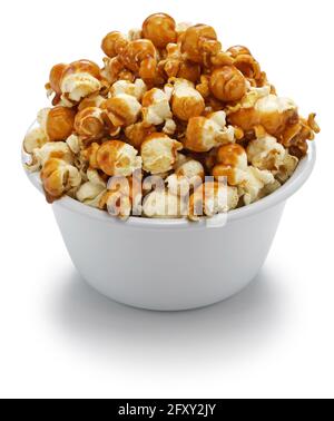 homemade caramel popcorn in bowl isolated on white background Stock Photo