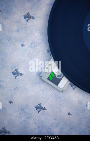 Directly above of 12 inch LP vinyl record and cassette tape on retro wallpaper background. Concept of retro, nostalgia, 60's, 70's, 80's Stock Photo