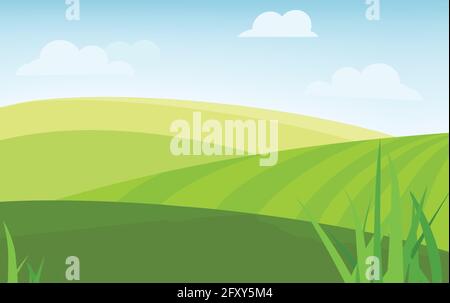 Vector illustration of beautiful summer fields landscape with green hills, bright color blue sky, country background in flat cartoon style banner. Stock Vector