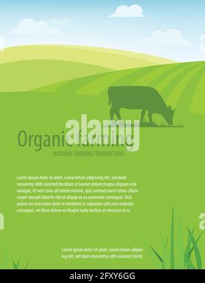 Organic farming. Natural farming traditions. Rural landscape, farm animals and design elements. Agricultural template Stock Vector