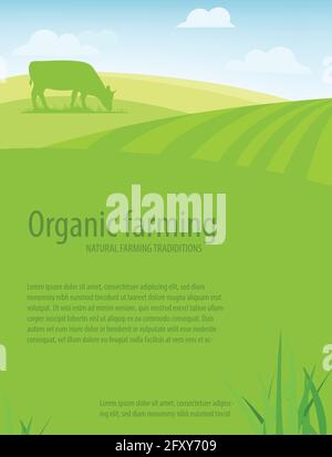 Organic farming. Natural farming traditions. Rural landscape, farm animals and design elements. Agricultural template Stock Vector