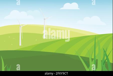 Vector illustration of beautiful summer fields landscape with , green hills, bright color blue sky, country background in flat cartoon style banner. W Stock Vector