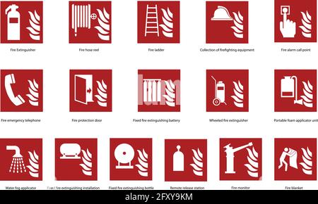 Fire emergency safety sign set, collection. Fire telephone, fire extinguisher and other signs vector stickers Stock Vector