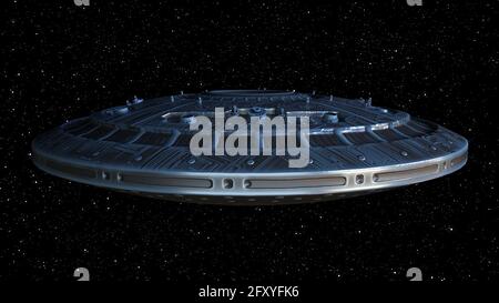 Fantastic combat dreadnought approaching planet. Planetary 3d render destroyer preparing for siege and invasion star system. Round ship scout for expl