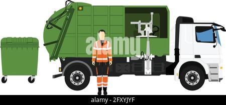 Garbage truck and sanitation worker. Vector illustration Stock Vector