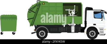 Garbage truck and green plastic container isolated on white background. Vehicle for waste collection. Vector illustration Stock Vector