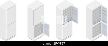 Vector illustration isometric grey empty refrigerator. Refrigerator or fridge icon Stock Vector