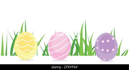 Happy colorful easter eggs in green grass. Egg hunt Stock Vector