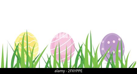 Happy colorful easter eggs in green grass. Egg hunt Stock Vector