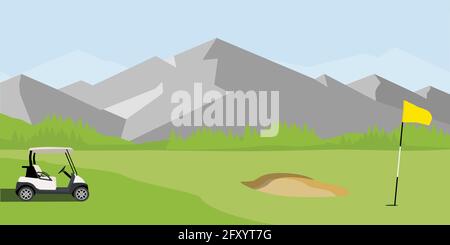 Vector illustration of golf field, flag and cart with blue clubs bag. Mountain landscape or background. Golf course. Stock Vector