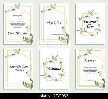 Set of card with leaves and geometrical frame. Wedding ornament concept. Floral poster, invite. Vector decorative greeting card, invitation design bac Stock Vector