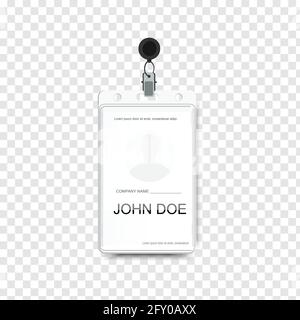 Vector illustration of employees identification card with metal clip. Realistic plastic badge sample for presentation or conference visitors, press, m Stock Vector