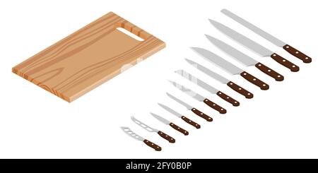 Meat cutting knives set and wooden cutting board. Set of butcher meat knives for butcher shop and design butcher themes Stock Vector