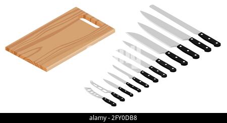 Meat cutting knives set and wooden cutting board. Set of butcher meat knives for butcher shop and design butcher themes Stock Vector