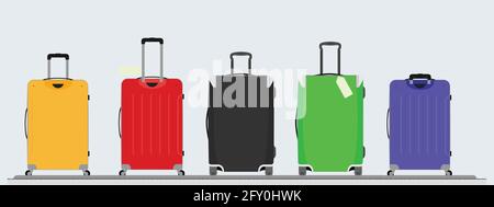 Different luggage bag on conveyor belt. Baggage claim at terminal airport travel bags vector background. Concept vacation holiday Stock Vector