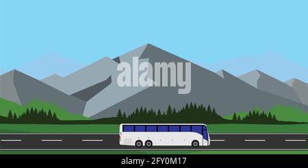 White tourist bus driving on the road vector illustration. Mountain landscape or background. Bus travel road. Bus highway Stock Vector