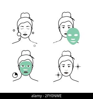 Steps how to apply facial mask. Beauty fashion girl apply facial mask. Stock Vector