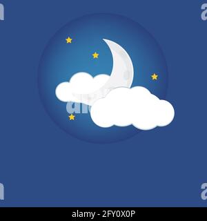 Mystical Night sky background with half moon, clouds and stars. Moonlight night Stock Vector