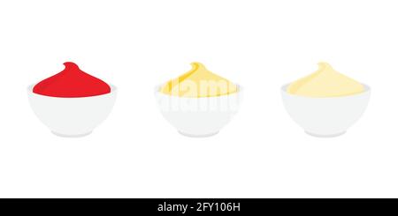 Bowl with sauce set isolated on white background. Tomato ketchup, sour cream, mustard and mayonnaise Stock Vector