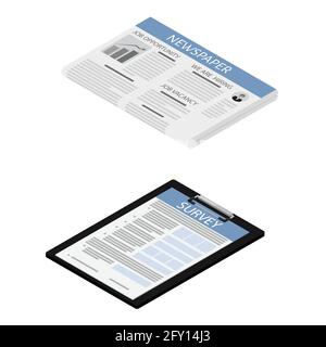 Isometric newspaper and survey document on black clipboard icon isolated on white background. Stock Vector