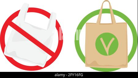 Pollution problem concept. Say no to plastic bags, bring your own textile bag. Signage calling for stop using disposable polythene package. Stock Vector