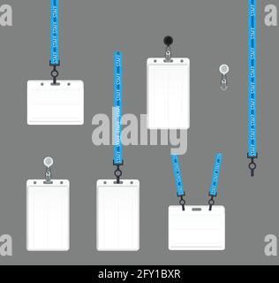 Vector illustration of employees identification card on lanyards, cord and strap with metal clips. Realistic set plastic badges samples for presentati Stock Vector
