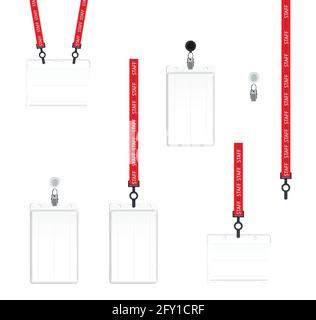 Vector illustration of employees identification card on lanyards, cord and strap with metal clips. Realistic set plastic badges samples for presentati Stock Vector