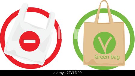 Pollution problem concept. Say no to plastic bags, bring your own textile bag. Signage calling for stop using disposable polythene package. Stock Vector