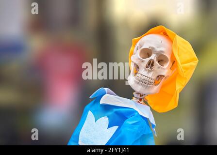 Close up on the bust of a smiling flexible human anatomical skeleton for medical anatomy teaching wearing a yellow hat and blue clothes against a blur Stock Photo
