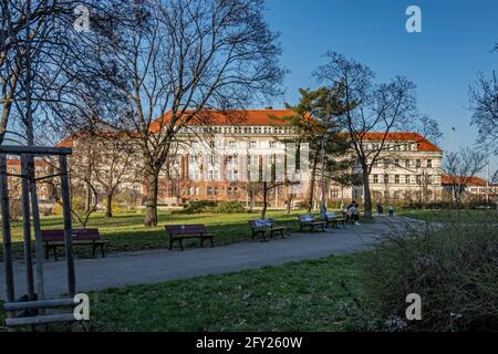 Building of High Court in Prague and High Public Prosecutor’s Office, view from the nearby park, Hrdinů Square, Prague, Czech republic, Europe Stock Photo