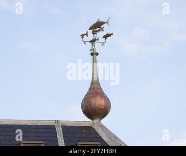 Ornamental weather vane on the recently renovated Old Mill House in Aldeburgh. Stock Photo