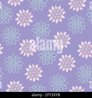 Vector seamless pattern with decorative flowers on purple background. Tender flowers design. Stock Vector