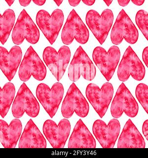 Seamless pattern with beautiful hand drawn watercolor pink hearts on white background. Romantic wallpaper for Valentine Day. Cute and lovely texture. Stock Photo