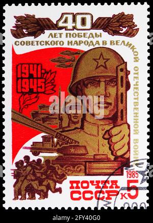 MOSCOW, RUSSIA - AUGUST 31, 2019: Postage stamp printed in Soviet Union (Russia) shows Soldiers and military equipment, 40th Anniversary of Victory in Stock Photo