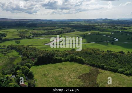 Aerial drone view of meanders and oxbow lake on river Endrick Stock Photo